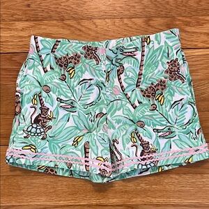 Classic Prep Mint Green Tropical Print Girls Shorts with Pink Trim